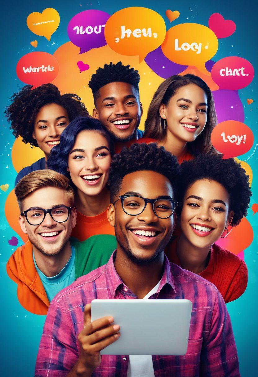 A diverse group of smiling people engaged in an online video call, sharing ideas and laughter. Colorful speech bubbles filled with positive messages float around them. A vibrant digital background with hearts, lightbulbs, and chat icons, symbolizing connection and creativity. Emphasize the warmth and joy of community. super-realistic. vibrant colors. digital art.