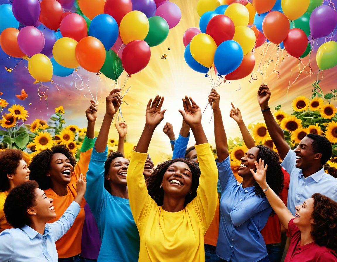 A lively scene depicting diverse individuals engaged in joyful activities, creating connections through laughter and collaboration. Bright colors radiate warmth, showcasing an uplifting atmosphere with elements like intertwined hands, balloons, and sunflowers. Incorporate symbols of optimism, like butterflies and rainbows, to enhance the sense of joy and growth. vibrant colors. super-realistic. upbeat style.