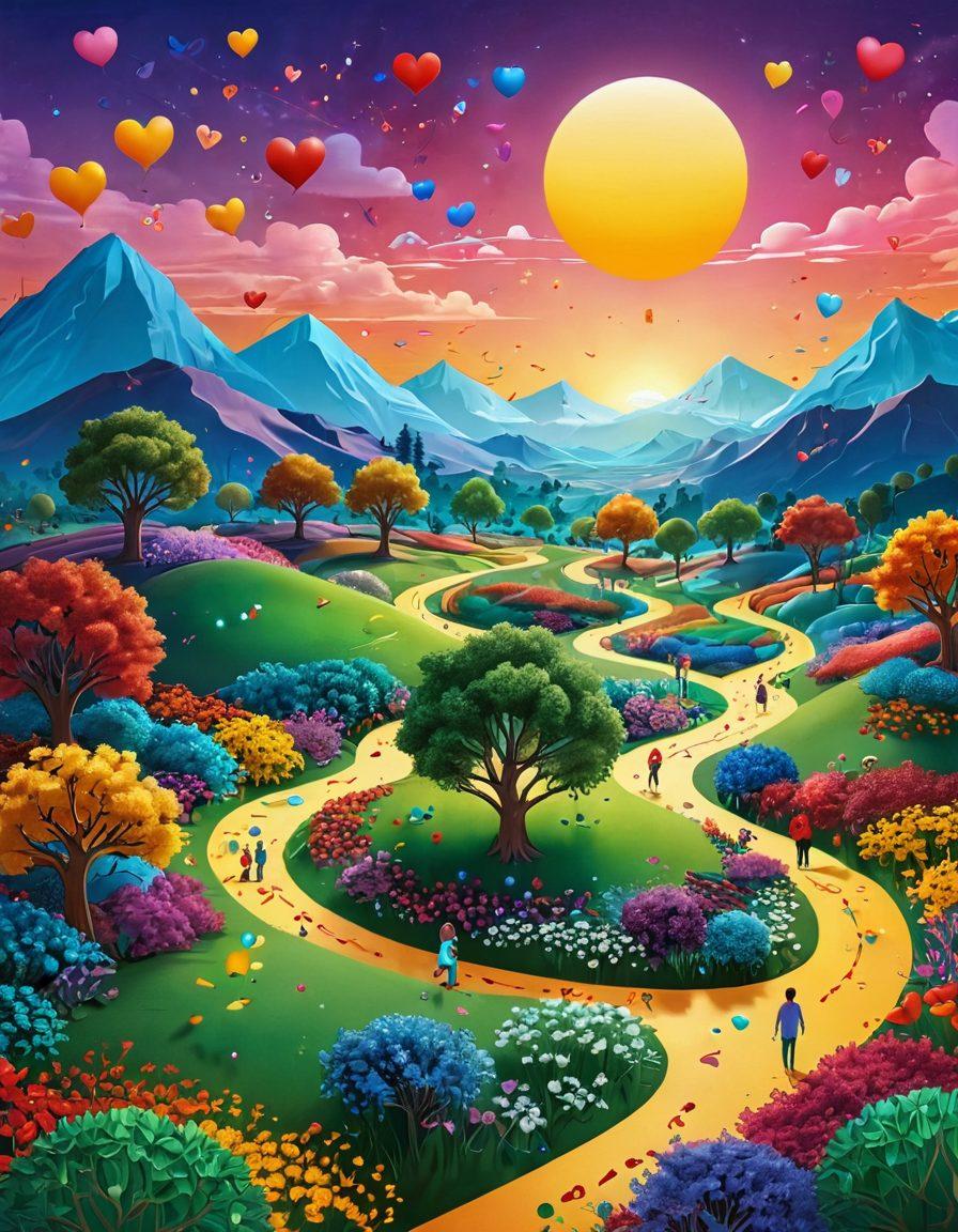 A whimsical digital landscape depicting interconnected vibrant nodes representing people, surrounded by colorful pathways symbolizing communication and networking. Include elements like floating hearts and smiley faces to convey a sense of joy and bliss. Incorporate a radiant sun in the sky creating a euphoric atmosphere. colorful illustrations. vibrant colors. 3D.
